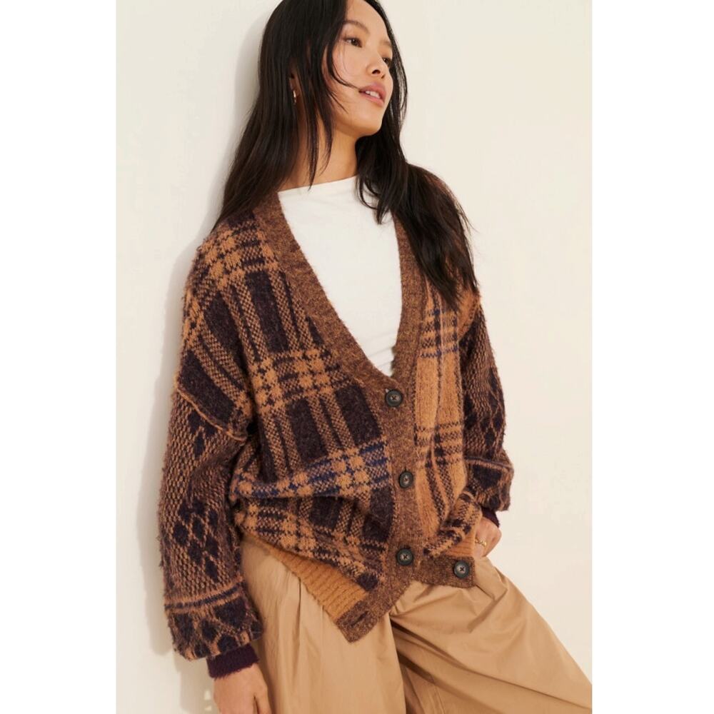 Free People Oversized Plaid Cardigan Sweater Medium Cobain Grunge Dark Academia - Picture 3 of 16